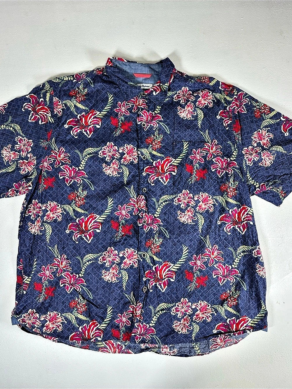 Tommy Bahama Mens XXL Tropical Horizons Camp Shirt Blue Pink Hibiscus Aloha
